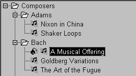 Shown is a tree view showing a list of Composers. In addition to the top level Composers node, it shows lower level nodes labeled Adams and Bach. Under these nodes are lists of compositions. Each has an icon of musical notes to its left. One entry in the Bach folder has an additional icon or state picture to the left of its notes icon.