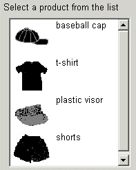 The sample window has the static text label Select a Product from the List. Below this is a scrollable List View display with rows of pictures with text labels. They represent products such as a baseball cap and t-shirt.