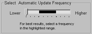 Shown is a group box labeled Select Automatic Update Frequency. It includes the words Lower and Higher on either side of a light-colored track bar with tick marks along its bottom edge. The track bar includes a down arrow that the user can slide right or left along the scale to change the value. A dark area in the middle of the track bar represents a selection range. Text at the bottom reads "For best results, select a frequency in the highlighted range."