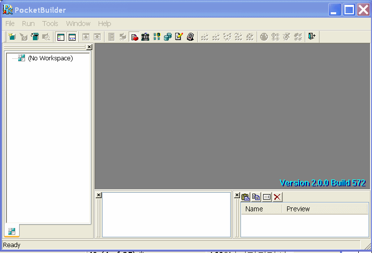 The Output and Clip windows are docked at the bottom center and right of the picture. Above them is a grayed rectangle that is used by default for displaying a Pocket Builder painter. At left, the System Tree occupies the full height of the picture. All the areas in the sample are blank and the System Tree shows an icon with the label ( No Workspace ).