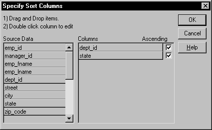 Shown is the Specify Sort Columns dialog box. It has a listing labeled source data containing available columns in the selected tables of the Database painter. Two columns, dept i d and state, have been dragged to a separate Columns listing at the right of the dialog box, indicating that these columns will be used to sort the data. Check marks next to these two column listings indicate that the sort will be in ascending order for both columns.