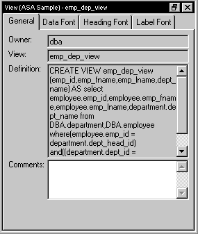 The sample shows the General tab of the view definition in the Database painter. It lists  Owner as d b a, and View  as emp _ dep _ view. It also displays the Definition field with the sequel statement used to create the database view.