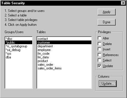 Shown is the Table Security dialog box. It has groups and users listed in a list box at the left and tables listed in a second list box. A group box titled Privileges has check boxes for Alter, Delete, Insert, References, Select, and Update. Buttons labeled Apply and Done are visible at the top right, and a button labeled Update is visible in the Columns group box at the bottom right. In this picture, the public group of users is selected for the customer table, for which only update privileges are granted.