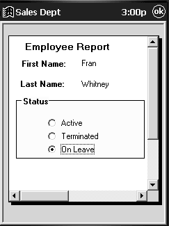 The sample Data Window includes three radio buttons in a group box labeled Status. The On Leave radio button is selected. The Active and Terminated radio buttons are not selected.