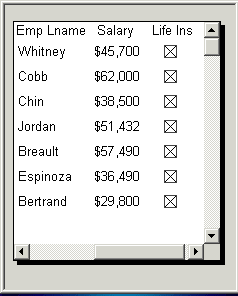 Shown is a Data WIndow in tabular presentation style. It has columns for employee last name, salary, and life insurance. The life insurance column has a check box edit style.