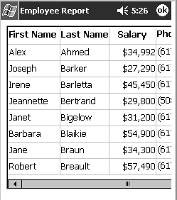 Shown is a Data Window with a grid presentation style that has been widened to show three columns and parts of a fourth column. The columns displayed are first name, last name, salary, and part of the phone column.