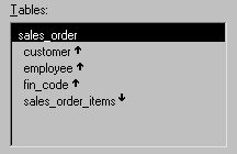 Shown is a list of tables from the Quick Select page of the Data Window wizard. The sales _ order table is displayed as the selection at the top of the tables list. Under this table are the customer, employee, and fin _code tables, all with arrows pointing up, and the sales _ order _ items table with an arrow pointing down. A foreign key in the sales _ order table is mapped to the primary key in the customer, employee, and fin _ code tables. A foreign key in the sales _ order _ items table is mapped to the primary key in the sales _ order table.