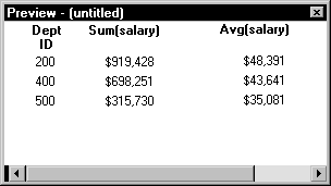 The sample shows three columns labeled Dept I D, Sum ( Salary ) and Avg ( salary ). There are three rows of data, one for each department with an average salary  under $50,000. Departments with a salary of $50,000 or greater are not displayed in this Data Window.