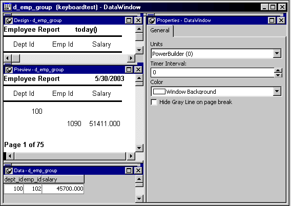 The sample shows a Data Window object in the Data Window painter with the default layout. The Design view at top left allows you to make formatting changes to the Data Window. The Design view in the sample only shows the contents of the header band. The detail, summary, and footer bands are not displayed. The Preview view at middle left shows the Data Window object as it will appear at execution time. The Data view at bottom left shows data  that can be used to populate the DataWindow object. The General tab of the Properties view displays at the right. 