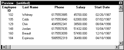 The sample shows five columns of data without display formats applied. For example, phone numbers have no parentheses around the area code, and salaries are displayed without dollar signs. 