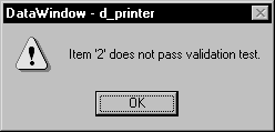 Shown is a message box triggered when a validation rule fails. The message in the message box indicates that "Item Z does not pass the validation test."