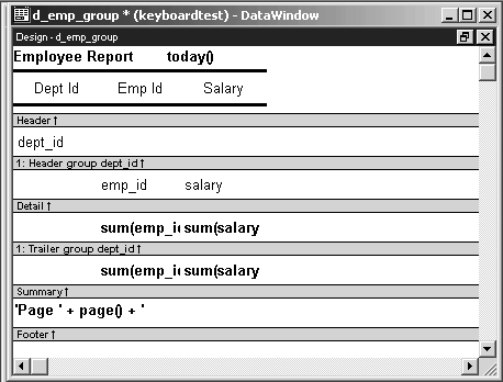 This sample Design view for a Data Window object is divided horizontally into four main areas or bands: Header, Detail, Summary, and Footer. For a group presentation style Data Window, additional header and trailer bands separate each data grouping. The sample shows one group header band and one group trailer band.  A shaded bar beneath each band displays the name of the band and an arrow pointing up to its contents. In the sample, the Header band displays the title Employee Report, and also calls the today function. Below that are the individual column headers, Dept I D, Emp I D, and Salary. Below the Header band is the group header band. It lists the Dept I D column for its contents. The detail band lists the other columns, Emp I D and Salary, for its contents.  In the group trailer band a sum function is displayed, and the salary will be totaled for each group. The Summary band also calls the sum function that will total the salary over all groups. At bottom left, in the footer band, is a call to the Page function, that will display the page number after the text label "Page".