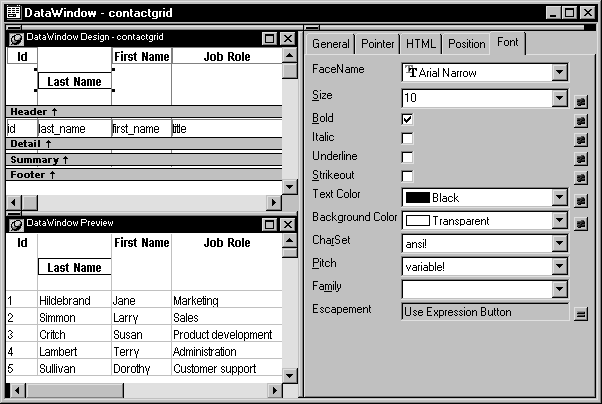 The sample shows a Data Window named contract grid. The Escapement fied is visible on the Font tab or the  Properties view. In the Design view, the Header area has been expanded and the Last Name control has been moved down to the center of the enlarged band.  