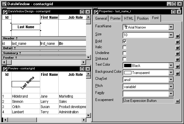 The sample shows a Data Window named contract grid. In the Preview view,  the Last Name column header has been rotated to the left and the text is at a 45 degree angle.  