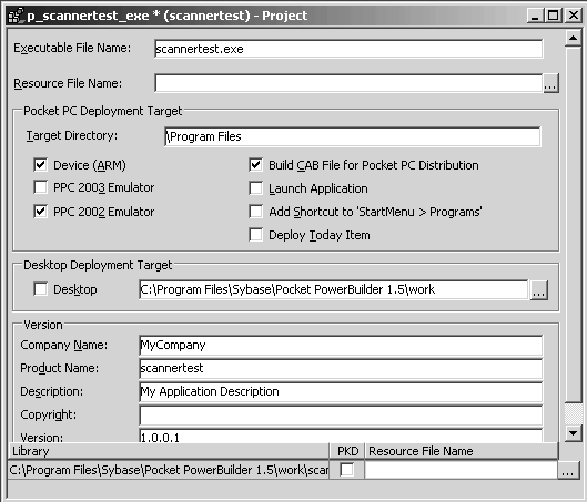 Shown is the Project painter with its five zones. The executable file name in the sample is basic _ tutorial dot e x e. The platform selected for deployment is a Pocket P C device with an ARM operating system. The build directory field shows a single dot, indicating that the build will be done in the current directory. Temporary files created during the build will be deleted because the Delete Temporary Files check box is selected. The deployment target directory is set to backslash Program Files and the check boxes for deploying after build and adding a shortcut to the Start menu are selected. Nothing is selected in zone 4 and default version information is listed in zone 5.