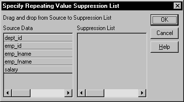 The sample shows the Specify Repeating Value Suppression List dialog box. At top is an instruction to drag and drop from the Source list to the Suppression List. At left below this is the Source Data box showing a list of columns. At right is the Suppression List box to which you can drag columns whose repeated values you want to suppress. 