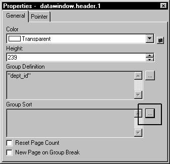 The sample shows the General property page for the group in the Properties view. It has fields for color, height, and group definition, and at bottom is a Group Sort box with a button to its right. The button is highlighted by a rectangle drawn around it.