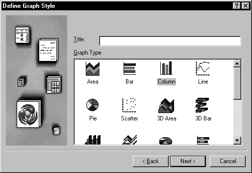 The sample shows the Define Graph Style page in the Data Window wizard. It has a text box for the graph’s title and a scrollable region displaying labeled icons for the Graph types available. Those displayed include Area, Bar, Column, Line, Pie, Scatter, 3 D area, and 3 D Bar.