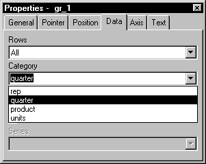 Shown is the Data tab of the Properties view for the graph control gr underscore 1. In the sample, the Rows property is set to all, and the Category is set to the quarter column. The sample shows an expanded drop down list for the Category field, with four columns listed including the quarter column that is highlighted.