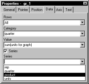 The sample displays the Data page in the Properties view. All has been selected from the Rows drop down list, and the quarter column has been selected as the Category. The value displayed is sum ( units for graph ). The Series check box is checked, and the cursor is in the Series box. In the drop down list for Series are listed rep, quarter, product, and units, with product highlighted.