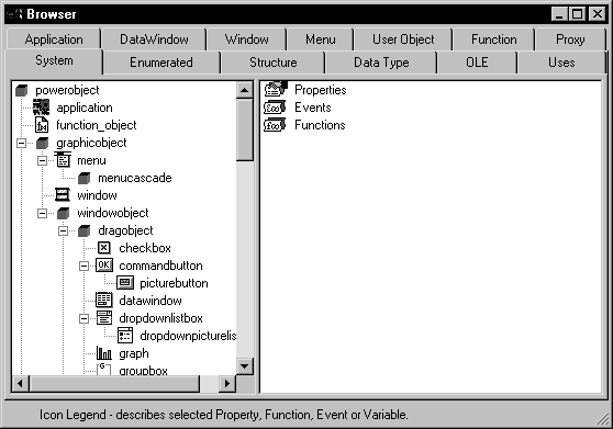 The sample shows the System tab of the Browser. The left pane is a tree view. The top level node is labeled power object. Directly under the power object, you can see the application and  function _ object items and the graphic object node. The Graphic object node is expanded to show menu, window, and window object. The menu and Window object nodes are shown expanded in turn. The right pane of the browser lists Properties, Events, and Functions for the selected item in the left pane.