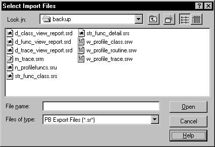 Shown is the Select Import Files dialog box. At top is a drop down list box labeled Look In with a sample current directory named backup. Below this is a display area listing files in the current directory that match the file name search criteria, in this case, file names with the extension dot S R asterisk. At bottom is a blank text box for File name and a drop down list box labeled Files of Type with the entry P B Export Files ( asterisk dot s r asterisk ).