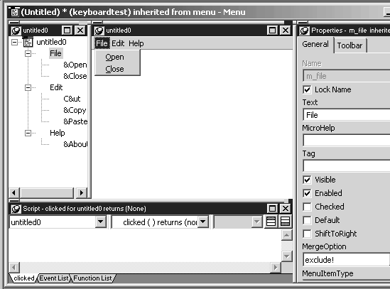 Shown is the Menu painter with its default layout. In the upper left corner of the painter is the menu Tree View. To its right is the Whiz E Wig view. (Whiz E Wig is an acronym for What you see is what you get.) Further to the right is the Properties view open to the General page. At the bottom left is the Script view, open to the Clicked event for the selected menu item.