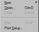 Shown is a menu with the options New, Open, Close, Print, and Print Setup. A line separates the first three options from the last two.