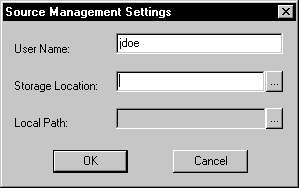 The sample shows the dialog box for P B Native Source Management Settings  It has a text box for User Name and text boxes with browse buttons for Storage Location and Local Path.