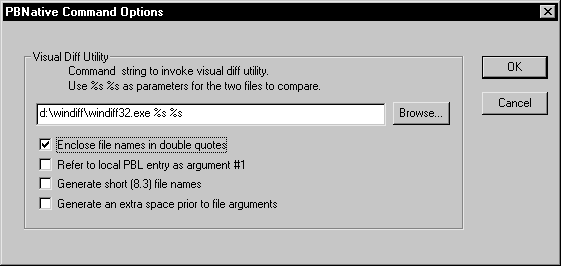 The sample shows a P B Native Command Options dialog box. The command string to invoke the visual diff utility is shown as d : backslash win diff backslash win diff 32 dot e x e % s % s.