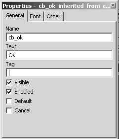 The sample shows the General tab of the Properties view of a button control, with sample text in fields for Name, Text, and Tag. At bottom are check boxes for Visible and  Enabled, which are both selected. Check boxes for Default and Cancel are not selected.