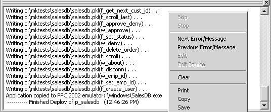 The sample output window shows lines of text for during the deployment of objects to a Pocket P C emulator. The pop up menu shown at right has an enabled options for Next Error or Message, the Previous Error or Message, and for Clearing, Printing, Copying, and Saving the output. 