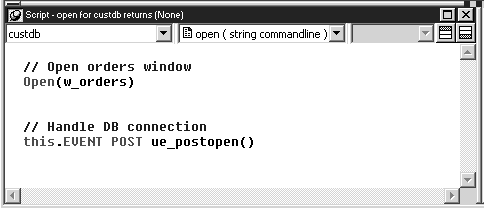 Shown is the Script view. The title bar displays the name and return value of the selected event. In this snapshot, Open is the name of the selected event. It does not return a value.  Below the title bar from the left are drop down lists for the object for which the script is written and the event name. A third drop down allows you to view scripts for the same event on ancestor objects if such scripts exist. Below the drop down lists is a text area where you write, modify, and display script for the selected event. 