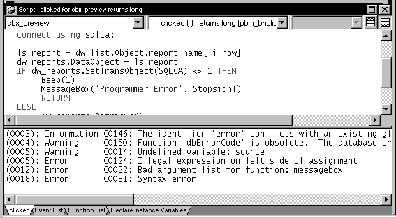 Shown is the script window for the clicked event of the c b x _ preview control. Beneath the script window is a Message window. It displays a sample informational message, two warnings, and three errors.