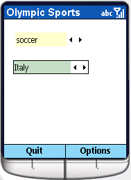 The sample show a window titled Olympic Sports which has two spin controls. The text for the first spin control displays the word soccer and the text for the second spin control displays Italy. A rectangular focus indicator surrounds the second spin control. There are two menu buttons at the bottom of the window. The menu button on the left is labeled Quit, and the menu button on the right is labeled Options.