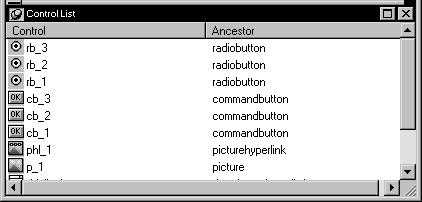 Shown is the Control List, which has a Control column showing a list of controls and their icons, and  a second column containing a list of the Ancestors for the controls.