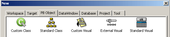 Shown is a portion of the P B Object tab page of the New dialog box. The top row displays the Custom Class, Standard Class, Custom Visual, External Visual, and Standard Visual.Shown is the PB Object tab page of the New dialog box with three rows of labeled icons representing user objects. The top row displays icons for the Custom Class, Standard Class, Custom Visual, External Visual, and Standard Visual user objects.