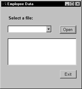 Shown is a sample window with the title Employee Data. It has a drop down list box with the text label Select a File, and an Open button next to it. At bottom is a multi line edit box for editing text and an Exit button.