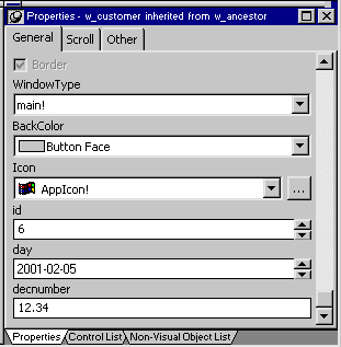 The sample shows part of the General tab of the Properties view for the w underscore inherited window.   From top to bottom are drop downs for Window Type, Background Color, and a window icon. The selected window type is Main with an exclamation mark (or Main bang), the background color is set to Button Face, and the  Icon selected is the application icon listed as App Icon with an exclamation mark (or App Icon bang)..  Also shown are  a spin control labeled i d with the value 6, a spin control labeled day, and aa drop down labeled d e c number with the number 12 dot 3 4 displayed.