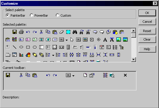 The sample shows the Customize dialog box. At top is the a Select palette group box with three radio buttons for Painter Bar, Power Bar, and Custom. Painter Bar is selected. Below this is a box labeled Selected palette that displays all buttons available in the Painter Bar palette. At bottom is an area that displays the buttons in the Current toolbar. At bottom is a Description field with the text entry Space Evenly Horizontally.