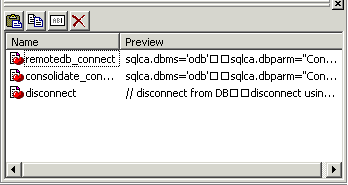 The sample shows the Clip window. At top left are buttons to move Clip window contents to the clipboard, copy them  to the Clip window, rename a clip, delete a clip, and modify the clip’s description. Below this are three columns. The Name column lists three named clips, the Preview column shows some information contained in each clip, and the Description column (not shown) explains what the clip does. 