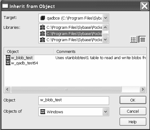 The sample shows the Inherit From Object dialog box. At top are a drop down list for selecting the Target and a list of libraries of the selected target. Next is a list of Objects in the selected library with comments to the right of each object. The sample displays windows objects.  At bottom are a text box for Object Name and a drop down list box labeled Objects of Type, with Windows selected.