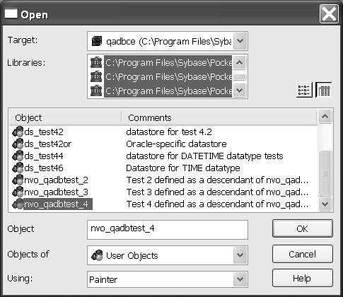 The sample shows the Open dialog box. At top are a drop down list for selecting the Target and a list of libraries of the selected target. Next is a list of Objects with Comments to the right of each object. It displays user objects. At bottom are a text box for Object Name, which is blank, and a drop down list box labeled Objects of Type, with User Objects selected. Another drop down list displays how you want to open the object. This drop down list displays Painter, which is also the default selection for how to open a user object.