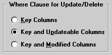 The sample shows a portion of the Specify Update Properties dialog box. A group box with three radio buttons  is titled Where Clause for Update / Delete. The radio buttons offer the following choices: Key Columns, Key and Updatable Columns, and Key and Modified Columns. In the sample, the button for Key and Updatable Columns is selected.