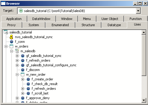 The sample shows the Uses tab page of the Browser. In its display area, the sales d b application is expanded to show the w underscore orders window and its contents. Icons to the left of the entries identify objects as windows, user objects, functions, and so on.