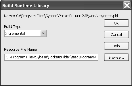 Shown is the Build Runtime Library dialog box. At top is a static text string with the path to the selected library. Below this is a drop down list for Build Type, set to Incremental,  and a text box for Resource File Names to include in the build. A Browse button is associatedd with the Resource File Name text box.