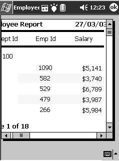 The sample is titled Employee Report and shows five rows of grouped data for the department having the I D of 100. Every other row is highligted with a dark background to make the data easier to track across the rows.