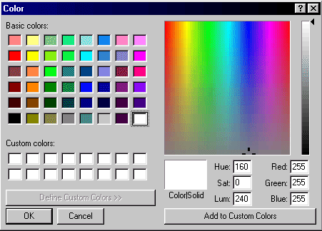 The sample displays the Color dialog box. At top left is an area labeled Basic colors with eight columns and six rows of boxes displaying basic colors. Below it is a Custom colors area of sixteen boxes in two rows and a button labeled Define Custom Colors that is grayed out in the picture. At right is the Color Matrix, a large rectangle that displays the selected color, and next to it a narrow slider for adjusting the color in the matrix. Below the matrix is a small display box labeled Color / Solid. Next to the display box are text boxes with values for Hue, Saturation, Luminosity, Red, Green, and Blue. At bottom right is an Add to Custom Colors button.