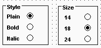 At left is a group box with the label Style in its top left corner. It contains three vertically aligned radio buttons labeled Plain, Bold, and Italic. The first radio button has a black center, indicating it is selected. To the right is a group box with the label Size in its top left corner. It contains three radio buttons aligned vertically and labeled 14, 18, and 24. The button labeled 18 has a black center, indicating that it is currently selected.