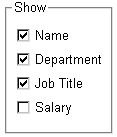 The sample is a group box with the label Show in its top left corner. It contains four vertically aligned check boxes respectively labeled Name, Department, Job Title, and Salary. The first three check boxes contain check marks to show they are selected. The last check box is blank.